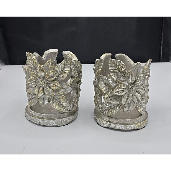 Lot of 2 Vintage Metal Gray Floral Leaves Etched Round Candle Stick Holder 6" - Picture 1 of 7